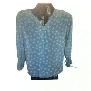 Umgee Women's Top‎ Blue with Bows V neck Raunch Tie Sleeve Cuffs Sheer Size Med